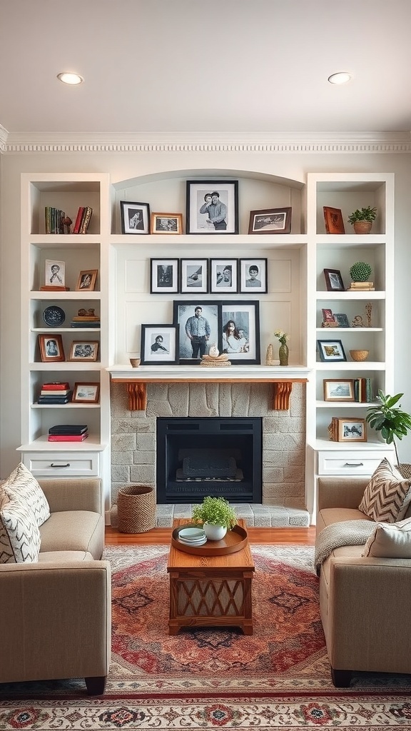 A cozy living room featuring built-in shelves filled with framed photos, books, and decorative items, centered around a fireplace.