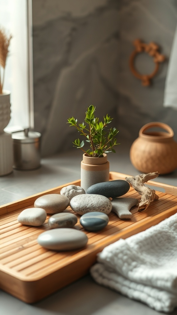 A bamboo tray with smooth stones, a small plant, and driftwood, arranged on a bathroom counter.