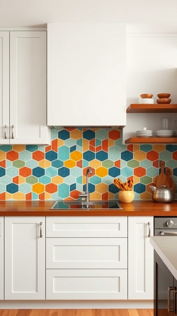 Colorful geometric tile backsplash in a modern kitchen