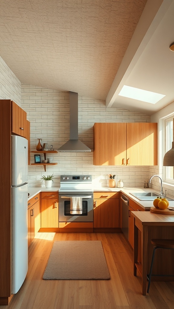 Mid century modern kitchen with textured wall treatments and warm wood tones.