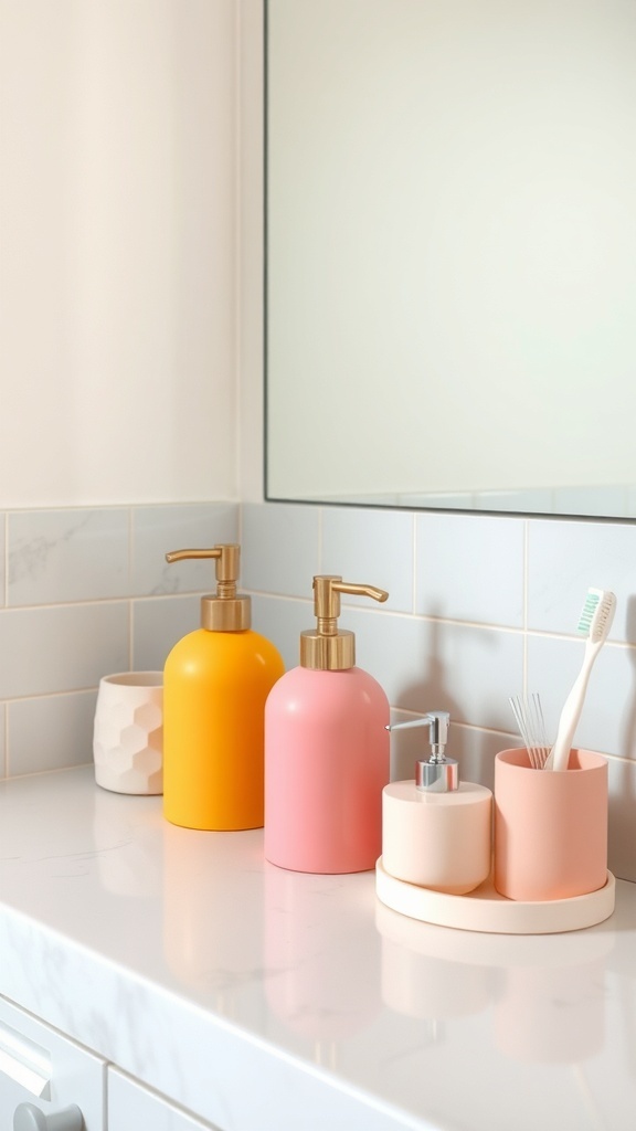 Colorful bathroom accessories including yellow and pink bottles with gold accents on a marble countertop.