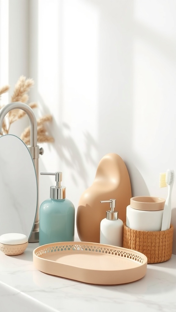 Chic bath accessories arranged on a countertop, featuring soft colors and natural elements.