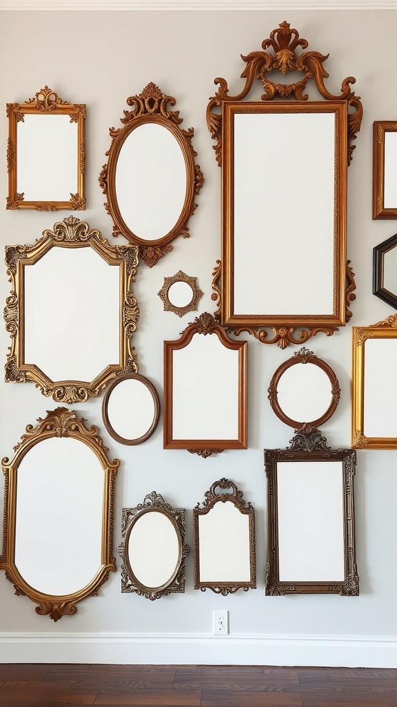 A collection of vintage mirrors in various ornate frames arranged on a wall.