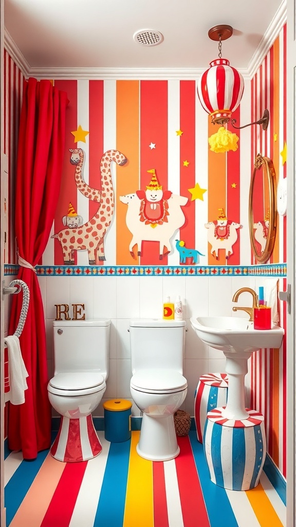 Colorful kids bathroom with circus theme decor featuring striped walls, cartoon animals, and playful accessories.