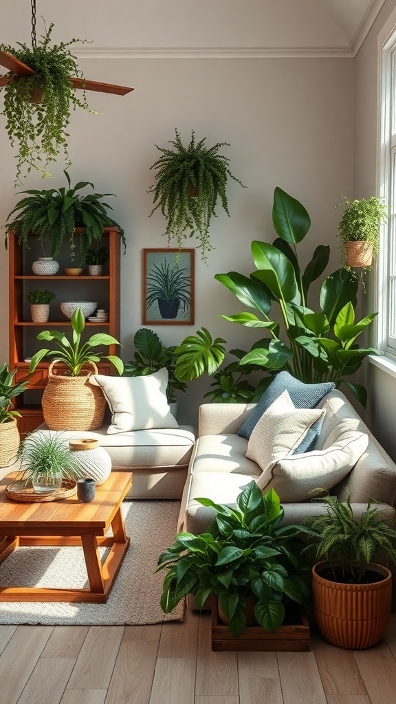 A cozy industrial farmhouse living room filled with various indoor plants, showcasing a blend of greenery and rustic decor.