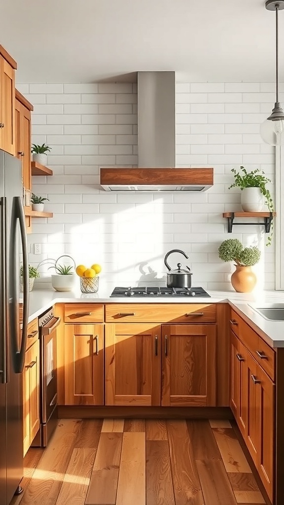 A kitchen featuring a classic white shiplap backsplash with wooden cabinets and modern appliances.