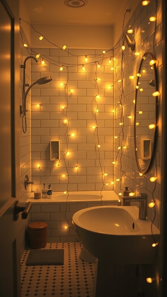 A small bathroom with warm string lights hanging on the walls, creating a cozy atmosphere.