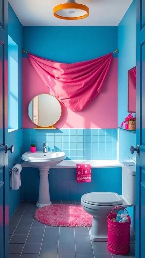 A colorful men's bathroom featuring bright blue walls, hot pink accents, and playful decor.