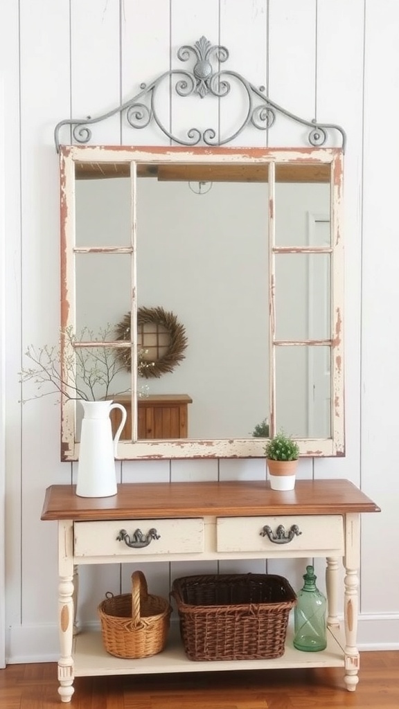 A repurposed window frame mirror above a wooden console table with decorative items.