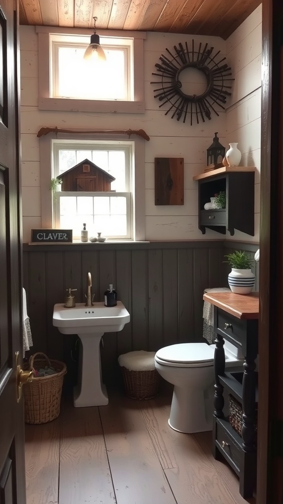 A charming farmhouse style kids bathroom featuring wooden accents, a rustic sink, and decorative items.