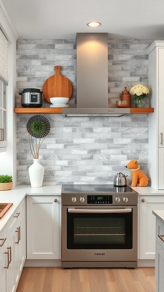 Stylish kitchen featuring a textured gray brick backsplash, white cabinets, and wooden accents.