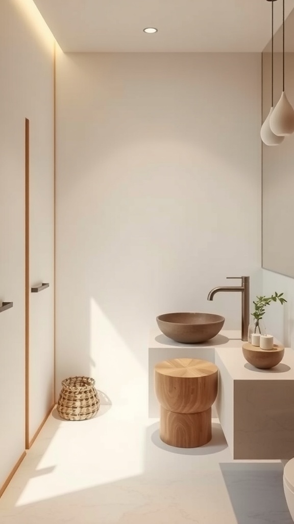 A minimalist bathroom with natural materials, soft lighting, and a serene atmosphere.