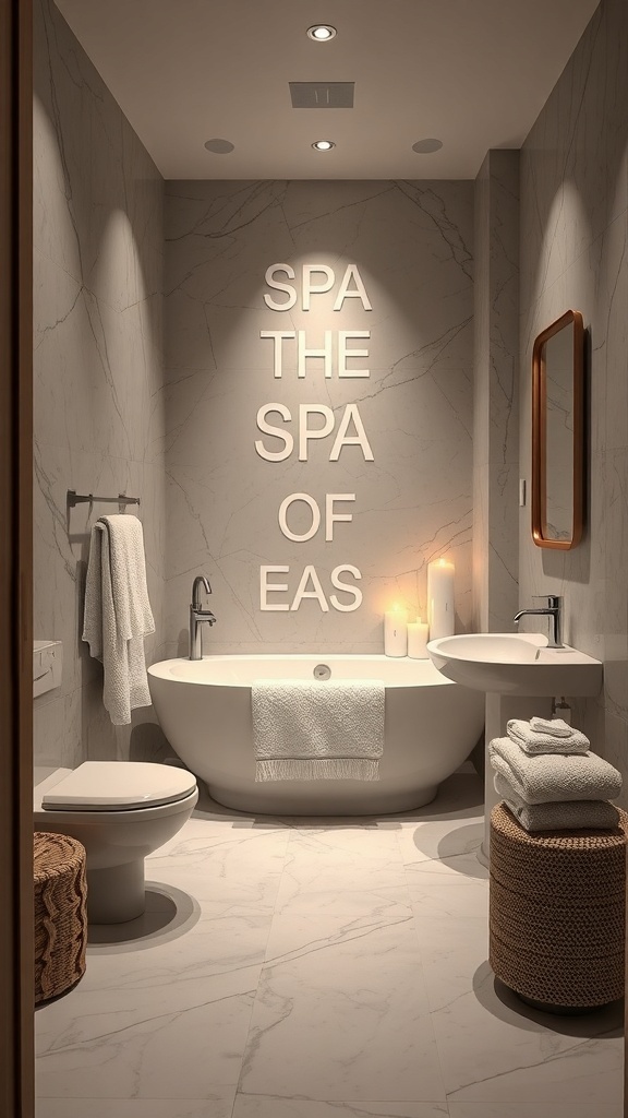A modern bathroom with soft lighting, a freestanding tub, and calming decor.