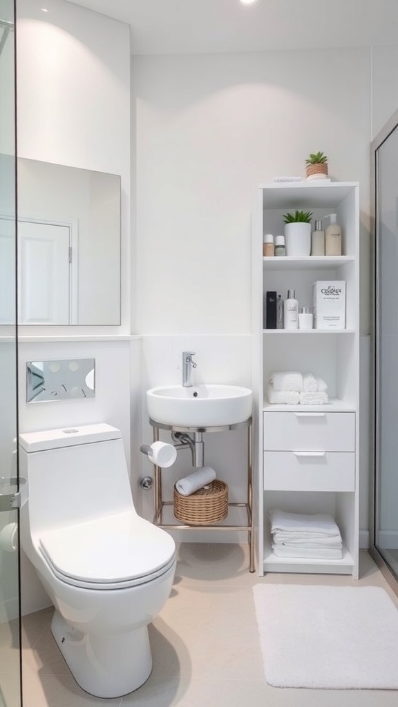 A modern white bathroom featuring a tall shelving unit, round sink, and organized storage.