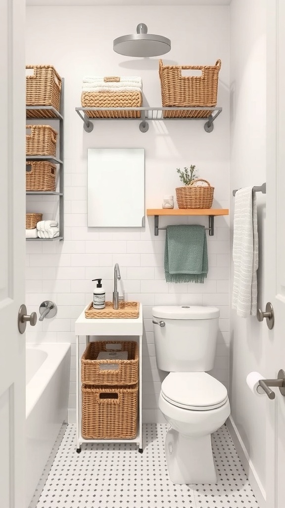A stylish men's bathroom featuring functional storage solutions with woven baskets, floating shelves, and a small cart for toiletries.