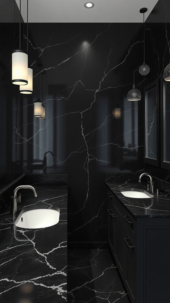 A modern bathroom featuring black granite countertops with white veins, stylish lighting, and a sleek design.