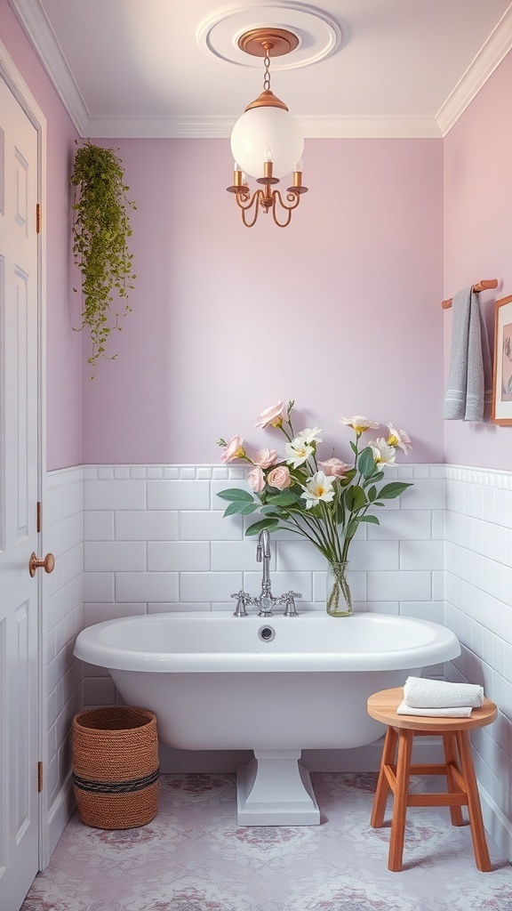 A serene bathroom with soft lavender walls, a white bathtub, and floral decor.