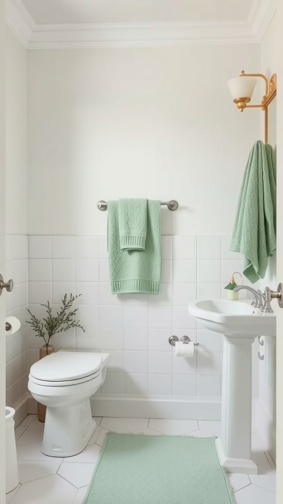 A bathroom featuring sage green towels and linens, white tiles, and a small plant.