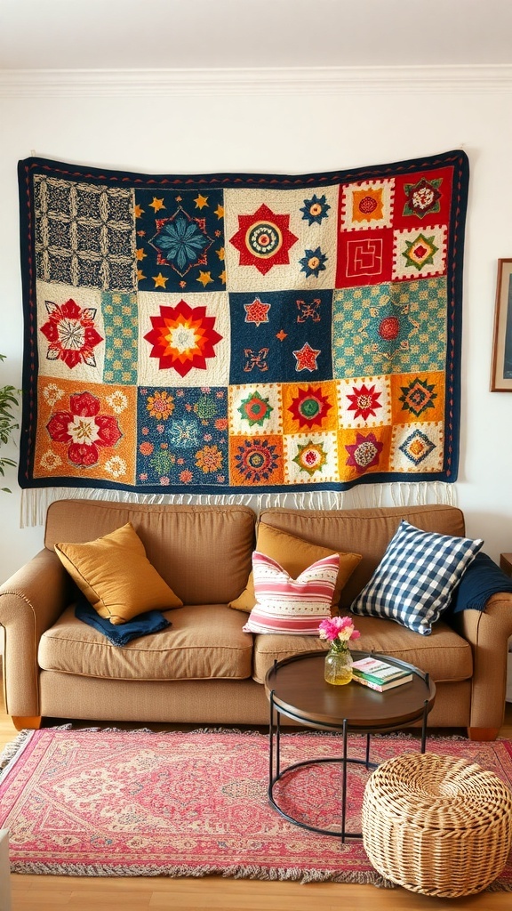 A colorful quilt displayed above a couch with various decorative pillows and a coffee table.