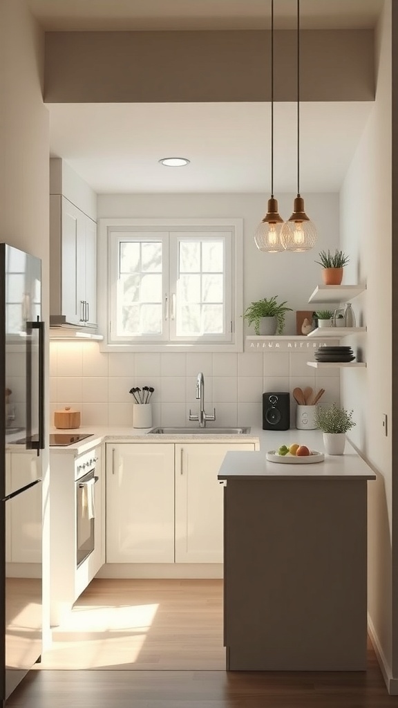 A small kitchen with bright natural light, modern minimalist design, and smart storage solutions.
