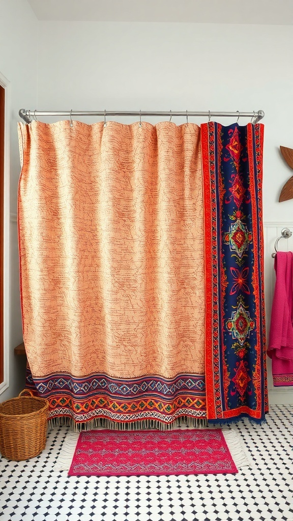 Textured shower curtain with vibrant patterns in a bohemian bathroom