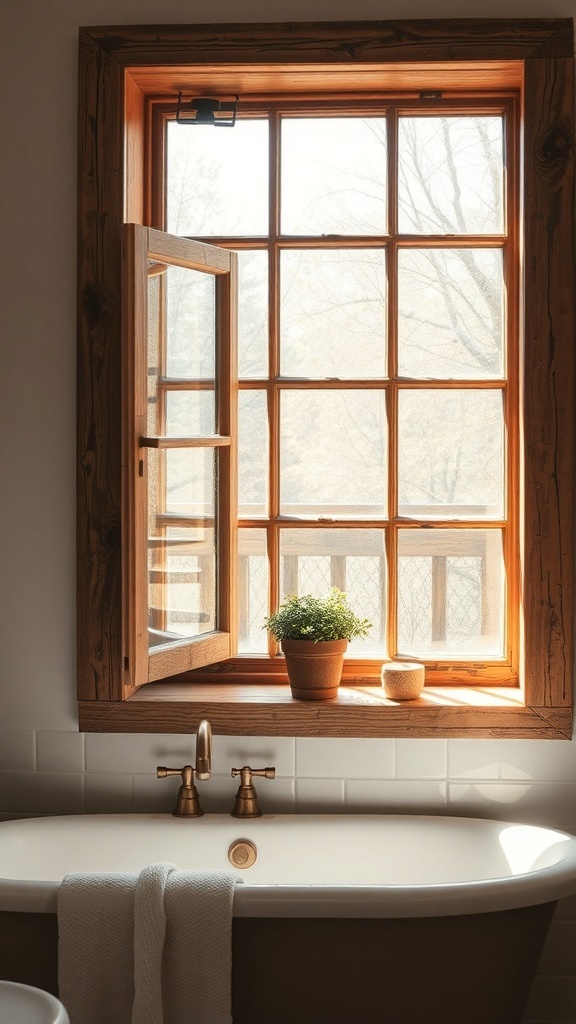 A rustic wooden frame around a bathroom window with an open pane, showcasing a potted plant on the windowsill.