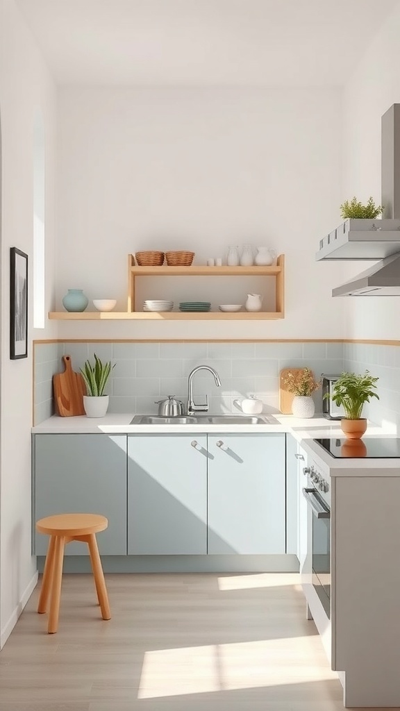 A small kitchen with light blue cabinets, open shelving, a cozy stool, and plants, showcasing a modern minimalist design.