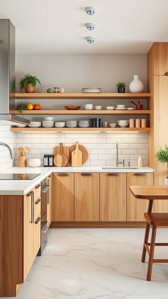 Modern kitchen with wooden shelves and organized storage