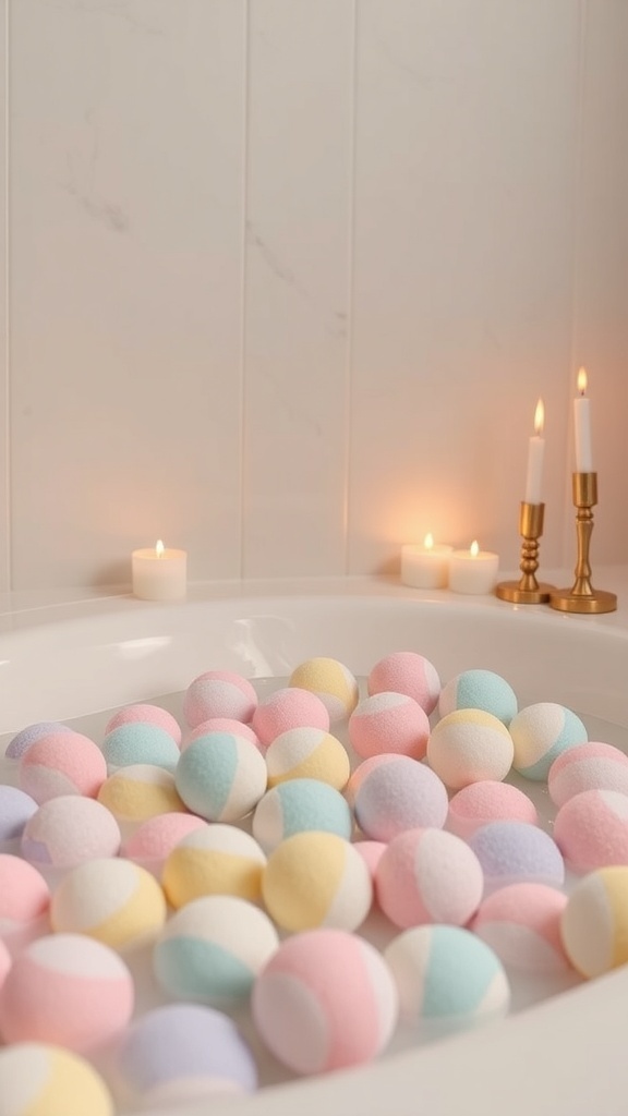 A bathtub filled with pastel-colored bath bombs and lit candles.