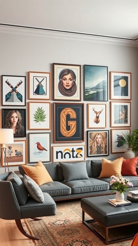A stylish gallery wall featuring a variety of framed artworks in different colors and styles.