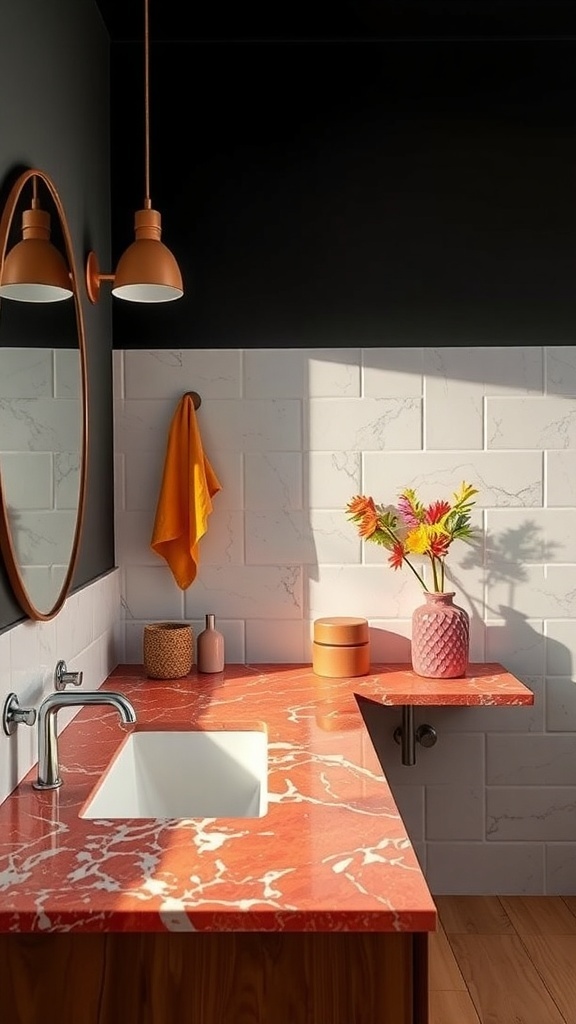 A bathroom featuring a bold red quartz countertop, dark walls, and stylish decor.