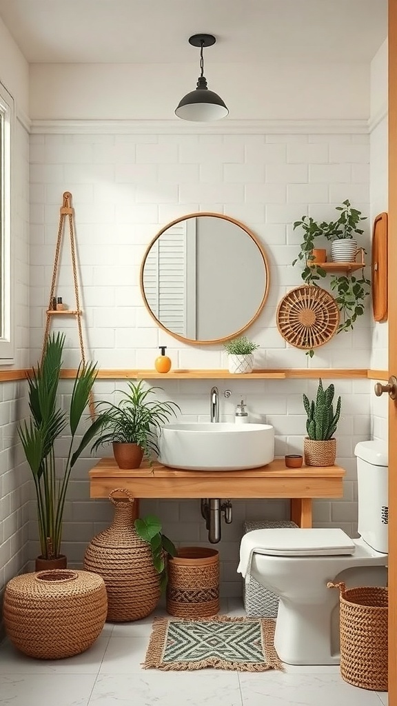 Aesthetic bathroom with natural decor elements including plants and woven baskets.