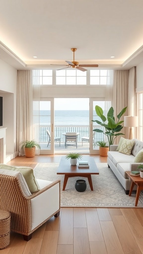 A bright coastal farmhouse living room with large windows, natural light, and ocean views.