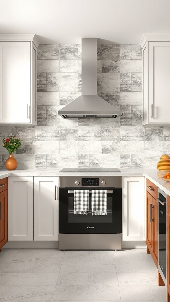 Kitchen with a cement look backsplash, featuring grey tones and modern appliances.