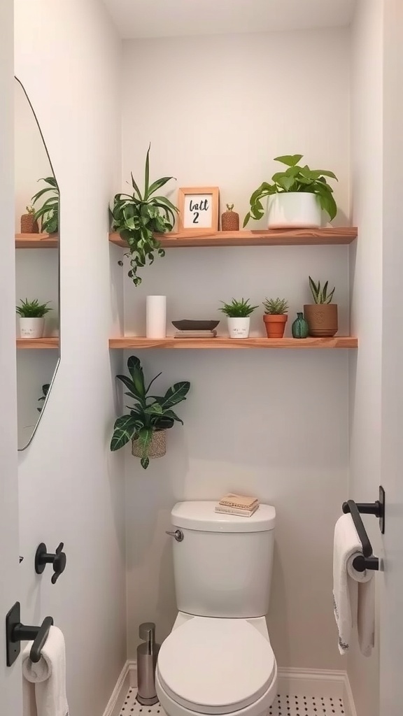 A small bathroom featuring floating shelves with plants and decor.
