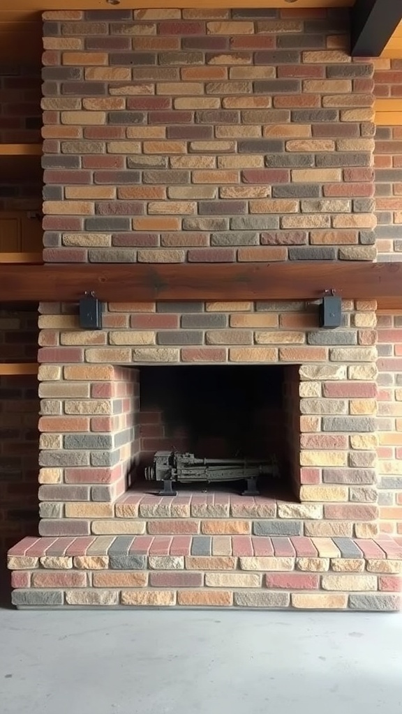 A stone brick fireplace with metal accents, showcasing an industrial design.