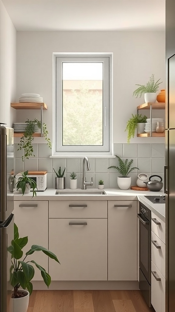 A modern small kitchen with open shelving, bright natural light, and plants.