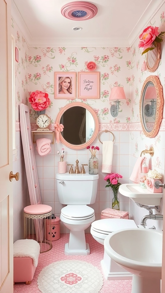 A beautifully decorated feminine bathroom with pink floral wallpaper, round mirror, and stylish accessories.