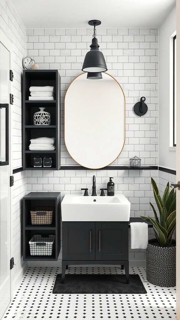 A modern black and white bathroom featuring stylish storage solutions and elegant decor.