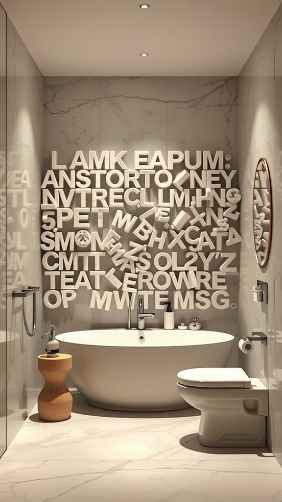 A modern bathroom featuring sculptural wall art made of bold, three-dimensional letters on a marble wall.