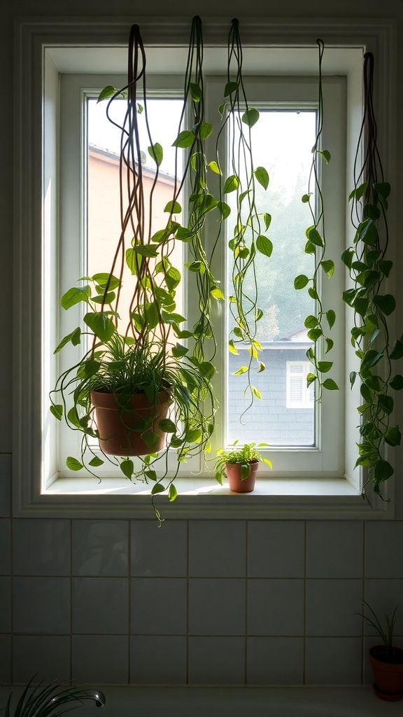 A bathroom window with hanging plants, showcasing lush greenery and small pots.