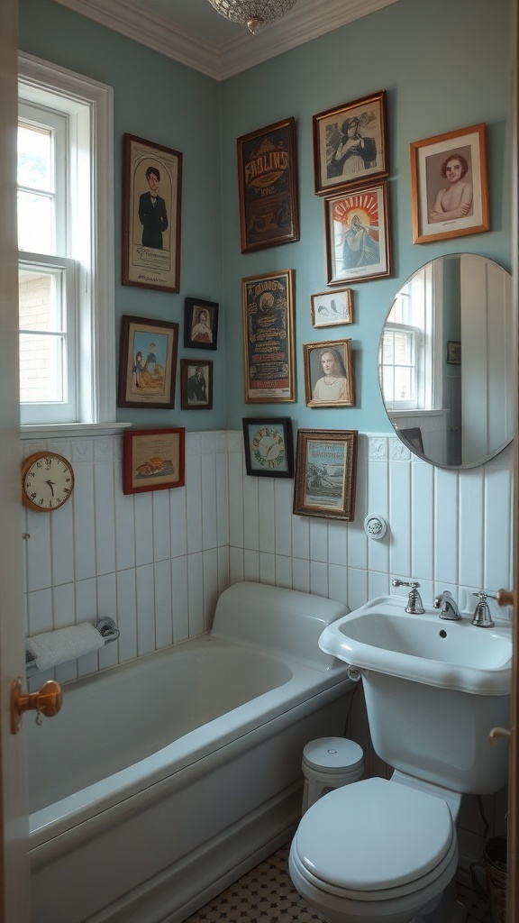 A vintage-themed bathroom featuring various framed artworks on the walls, a bathtub, and a small sink.