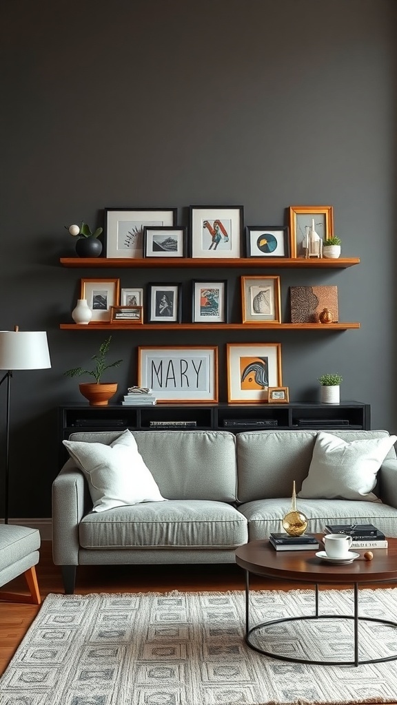 A cozy living room with artistic shelving units above a couch, featuring framed art and decorative items.