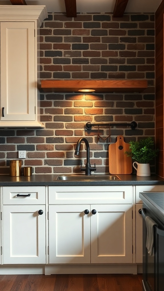 Cozy kitchen featuring a dark brick backsplash with white cabinets and modern accents.