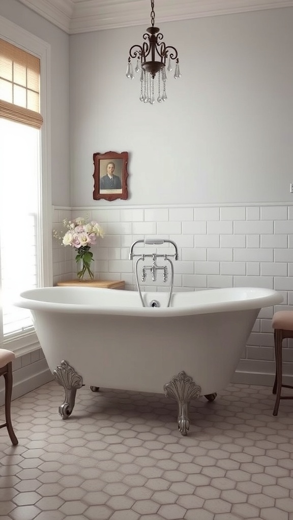 A vintage clawfoot tub in a stylish bathroom with a chandelier and framed portrait.