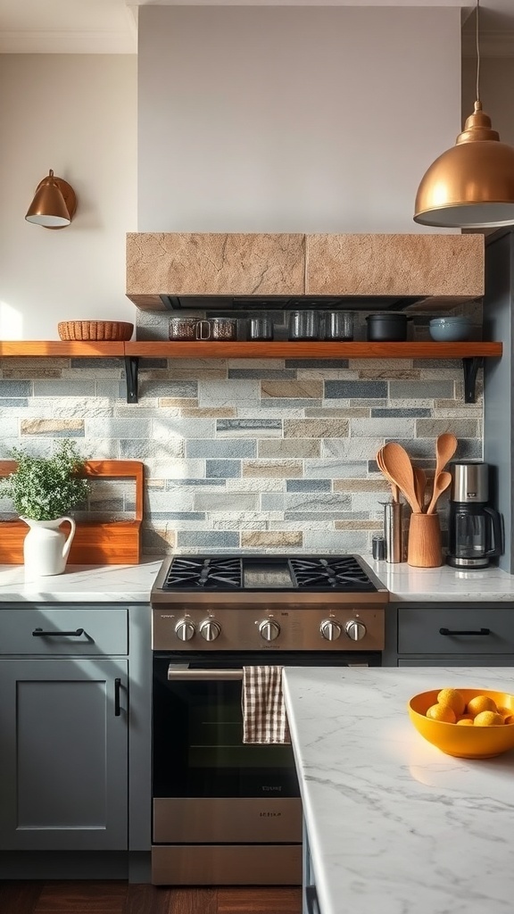 A cozy farmhouse kitchen featuring a natural slate stone backsplash with soft blue and gray tones, complemented by wooden shelves and a marble countertop.