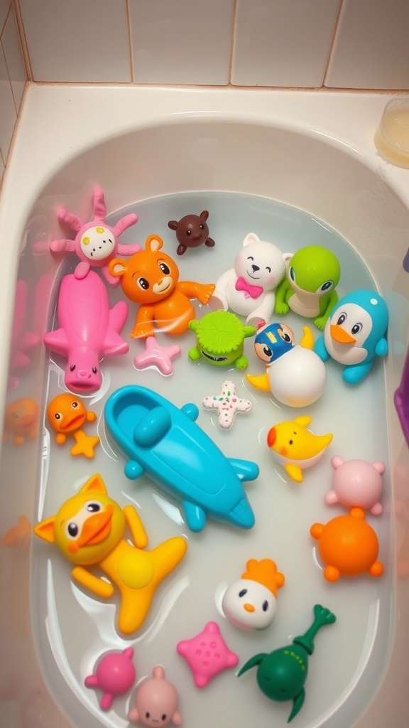 A variety of colorful bath toys floating in a bathtub filled with water.