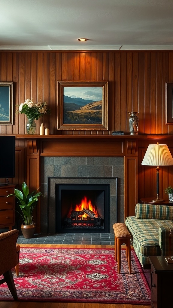 Cozy living room with retro wood paneling and a modern fireplace