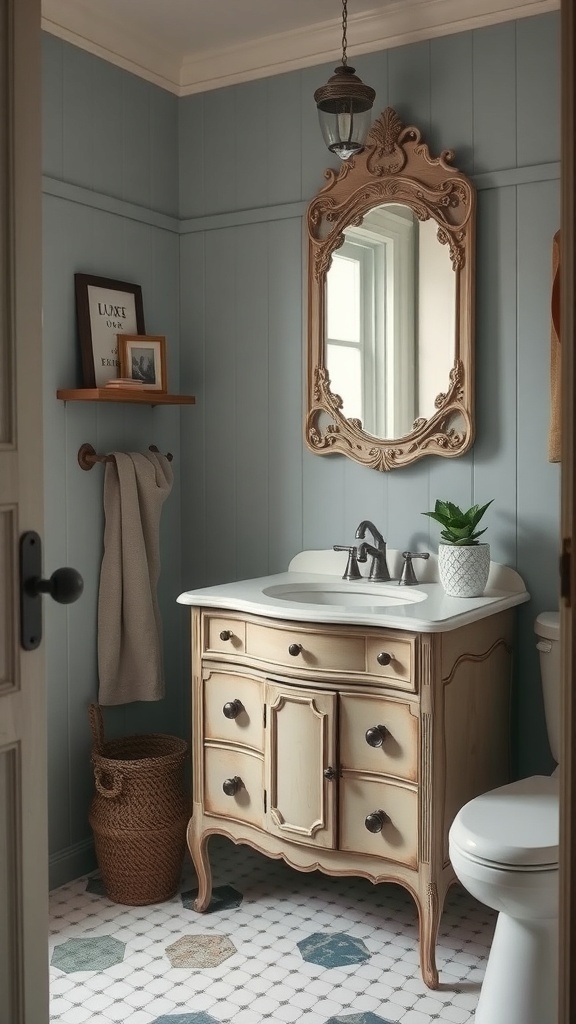 A small bathroom featuring a vintage vanity with a sink, light blue walls, and decorative elements.