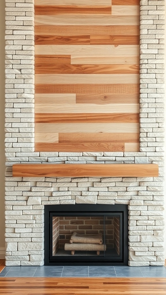 A stylish fireplace with a stone base and wooden accent wall.